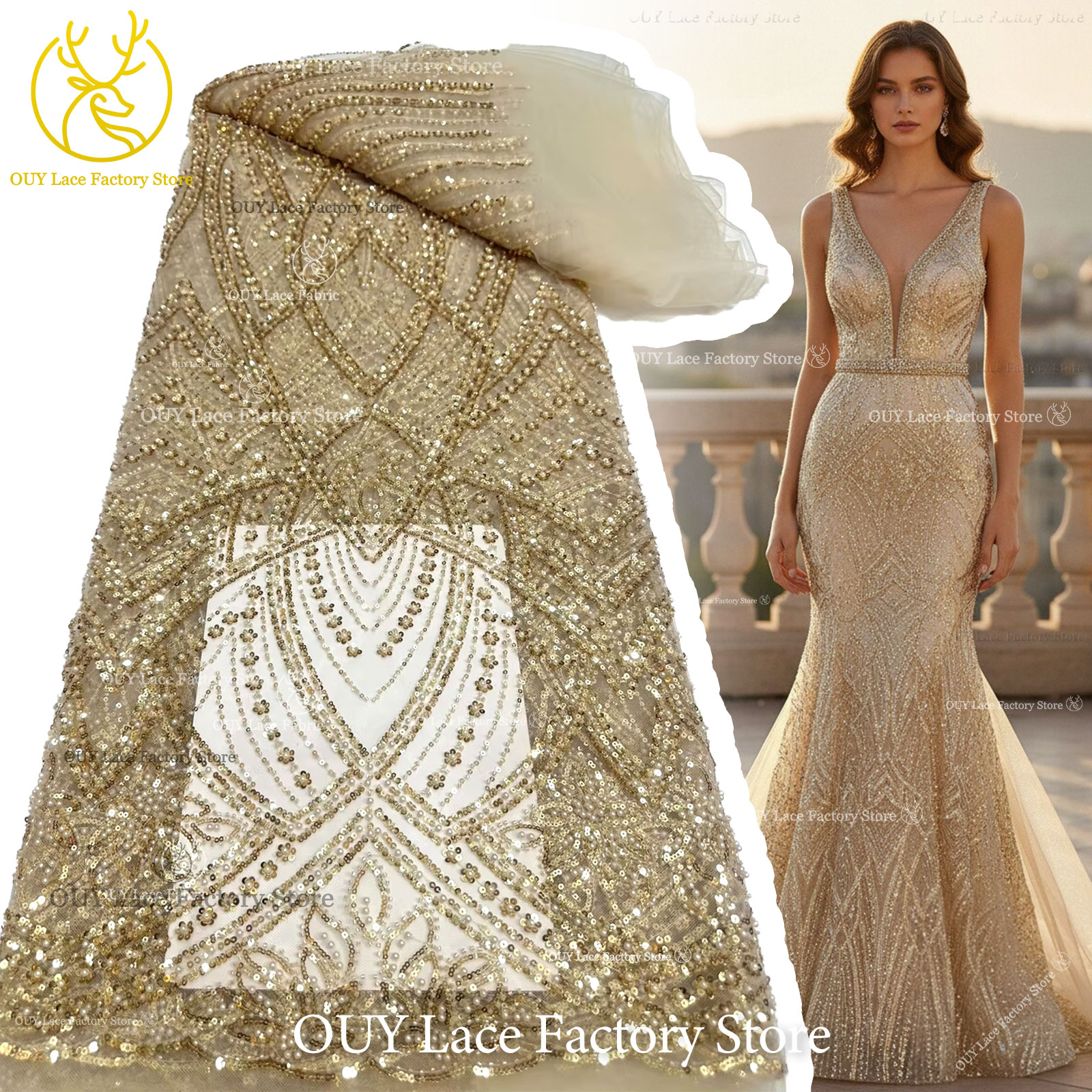 African Gold Beaded Lace Fabri - Glitter Tablecloth บทวิจารณ์และราคา