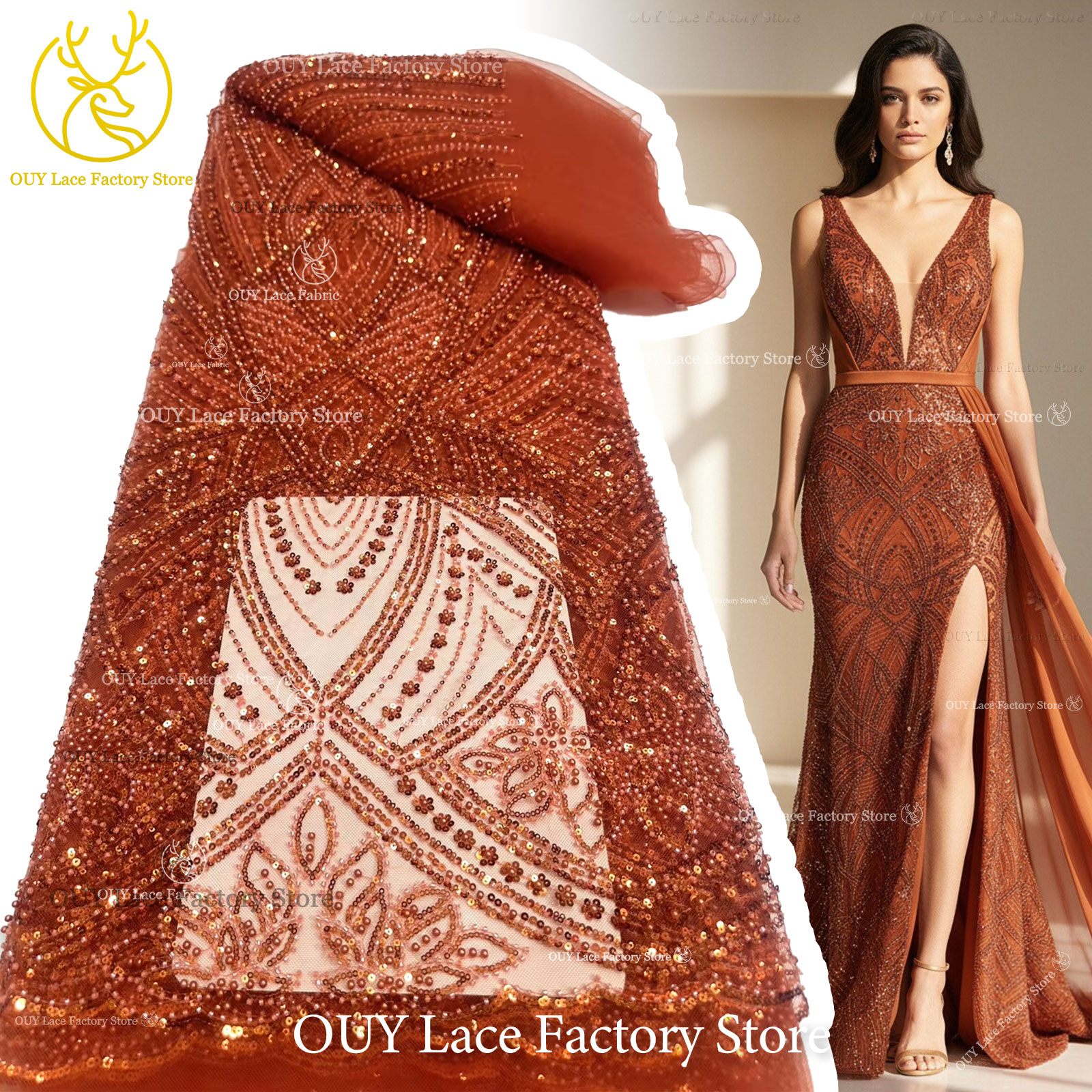 African Gold Beaded Lace Fabri - Glitter Tablecloth บทวิจารณ์และราคา